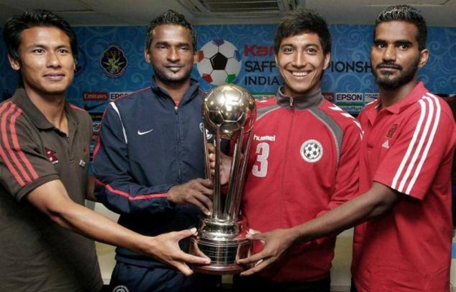 Zohib Islam Amiri (second from right), captain of the Afghanistan National Football team ahead of the SAFF Championship in 2011