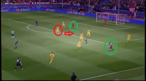 Mascherano is way out of position as Saul is left to pick out his assist to the unmarked Griezmann