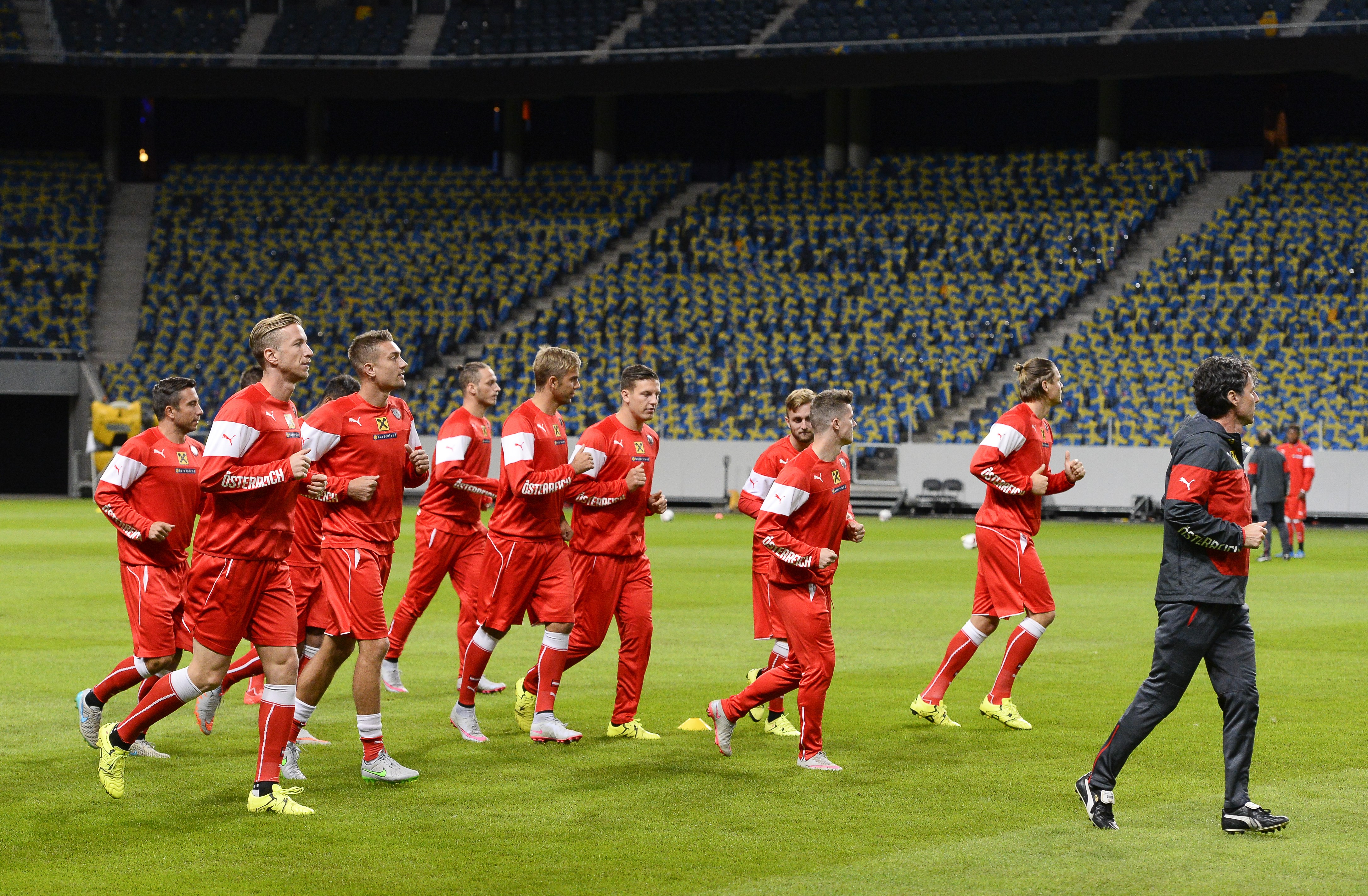 Players of the Austrian national football team take part in a training session at Friends Arena in Solna, near Stockholm on September 7, 2015 on the eve of the Euro 2016 qualifying football match between Sweden and Austria. AFP PHOTO/JONATHAN NACKSTRAND        (Photo credit should read JONATHAN NACKSTRAND/AFP/Getty Images)