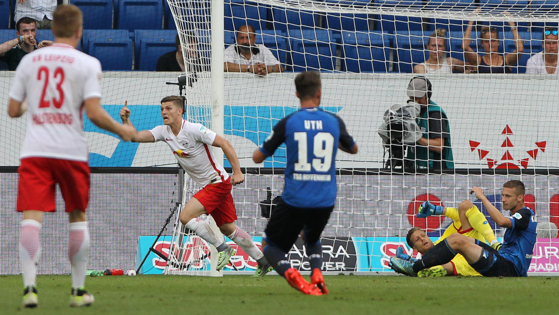 Leipzig's Austrian midfielder Marcel Sabitzer celebrate scoring the 2-2 during the German first division Bundesliga football match of TSG 1899 Hoffenheim vs RB Leipzig in Sinsheim, southern Germany, on August 28, 2016. / AFP / DANIEL ROLAND / RESTRICTIONS: DURING MATCH TIME: DFL RULES TO LIMIT THE ONLINE USAGE TO 15 PICTURES PER MATCH AND FORBID IMAGE SEQUENCES TO SIMULATE VIDEO. == RESTRICTED TO EDITORIAL USE == FOR FURTHER QUERIES PLEASE CONTACT DFL DIRECTLY AT + 49 69 650050 (Photo credit should read DANIEL ROLAND/AFP/Getty Images)
