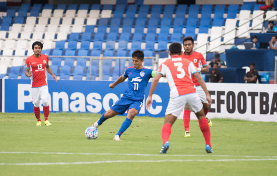 Bengaluru FC skipper Sunil Chhetri lines up a shot during the AFC Cup quarterfinal first leg against Tampines Rovers at the Kanteerava Stadium, in Bengaluru, on Wednesday