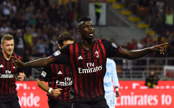 AC Milan's French forward from France Mbaye Niang celebrates after scoring a goal during the Italian Serie A football match between AC Milan and SS Lazio at the San Siro Stadium in Milan, on September 20, 2016. / AFP / GIUSEPPE CACACE (Photo credit should read GIUSEPPE CACACE/AFP/Getty Images)