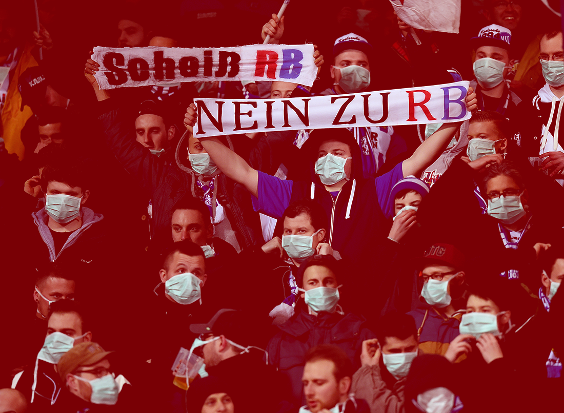 Fans of Karlsruher SC with masks protest against RB Leipzig. Photo by Matthias Hangst / Bongarts / Getty Images