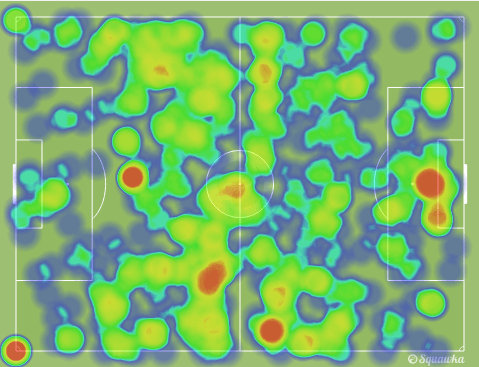 Eto'o tries to play much of his football in and around the box, but as we can see there was not much activity in those areas (via Squawka)