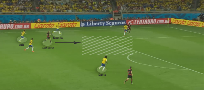 Goal #7: Brazilian defence is caught off-guard. Yet again, Luiz is behind Schurrle which allows the latter to move unmarked into an empty box and score with his left foot.