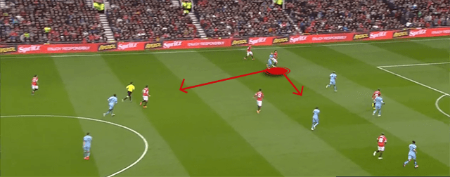 Fellaini overload on the left. De Gea's long balls looked for the Belgian and his ability to win the header and find a team-mate