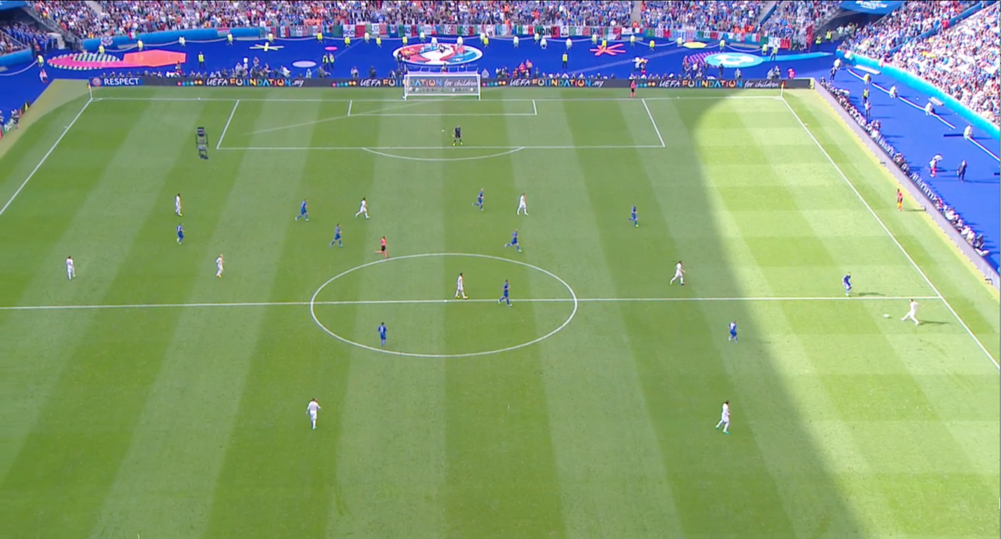 Truly a pressing ‘trap’, Italy’s unit make you feel free to receive the ball in those acres of space in between the hexagon of Italian players and the space behind De Sciglio.