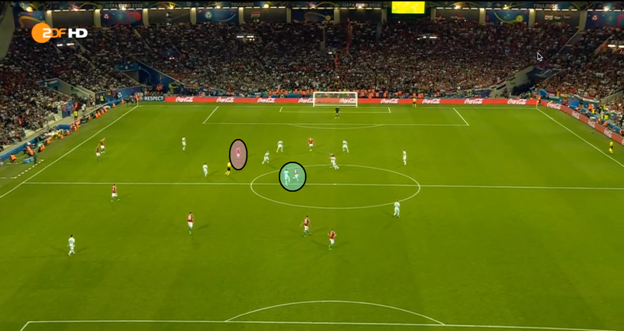 Nagy, in the blue circle, starts becoming more of a vertical presence on the pitch and finds Elek in the halfspace. Elek proceeds to link with Dzsudzsak, who cuts inside from the left hand side. Even with Dzsudzsak’s positioning, you can see Lovrencsics not positioning himself according to Dzsudzsak’s movements. 