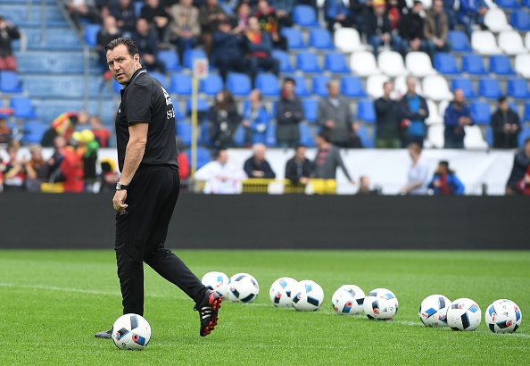 Belgium's coach Marc Wilmots takes part in a training session ahead of the upcoming Euro 2016 UEFA European Championship, in Genk on June 2, 2016.  / AFP / EMMANUEL DUNAND        (Photo credit should read EMMANUEL DUNAND/AFP/Getty Images)