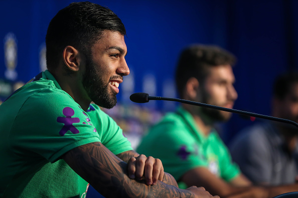 Brazil's football team players Gabigol (L) and Felipe during a press conference before a training at their hotel in Viamao, Brazil AFP PHOTO/Jefferson BERNARDES / AFP / JEFFERSON BERNARDES