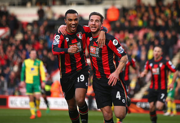 BOURNEMOUTH, ENGLAND - JANUARY 16: Dan Gosling (R) of Bournemouth celebrates scoring his team's first goal with his team mate Junior Stanislas (L) during the Barclays Premier League match between A.F.C. Bournemouth and Norwich City at the Vitality Stadium on January 16, 2016 in Bournemouth, England. (Photo by Bryn Lennon/Getty Images)