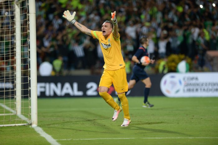 Colombian Atletico Nacional goalie Franco Armani celebrates winning their Copa Libertadores 2016 final match against Ecuador's Independiente del Valle at the Atanasio Girardot Stadium in Medellin, Colombia on July 27, 2016. / AFP / RAUL ARBOLEDA        (Photo credit should read RAUL ARBOLEDA/AFP/Getty Images)