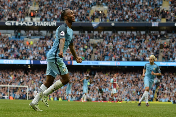 Sterling celebrates scoring against West Ham United. Oli Scarff / AFP / Getty Images