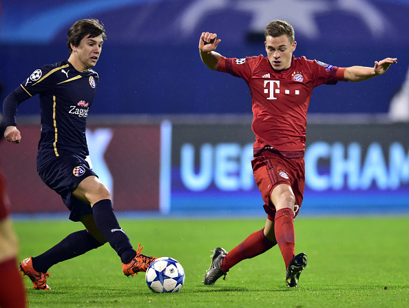 Dinamo Zagreb's midfielder Ante Coric (L) vies with Bayern Munich's midfielder Joshua Kimmich during the UEFA Champions League football match between Dinamo Zagreb v Bayern Munich at the Maksimir stadium in Zagreb on December 9, 2015. AFP PHOTO / ANDREJ ISAKOVIC / AFP / ANDREJ ISAKOVIC (Photo credit should read ANDREJ ISAKOVIC/AFP/Getty Images)