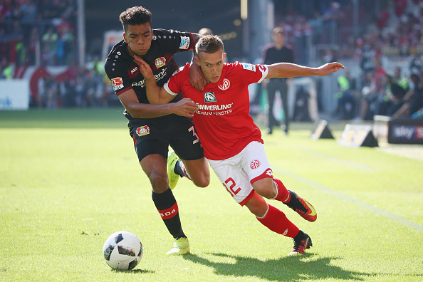 during the Bundesliga match between 1. FSV Mainz 05 and Bayer 04 Leverkusen at Opel Arena on September 24, 2016 in Mainz, Germany.