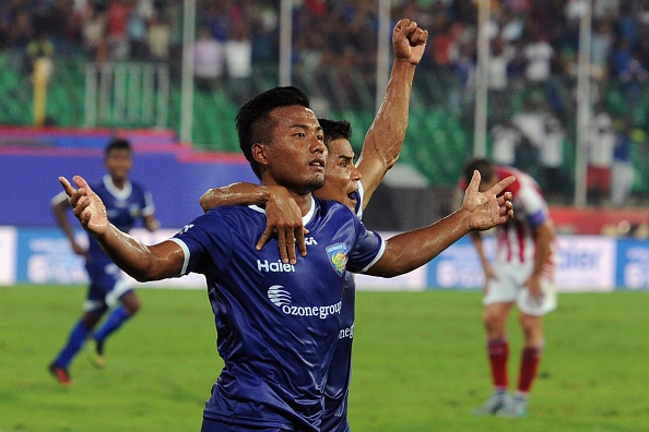 Chennaiyin FC forward Jeje Lelpekhlua (L) celebrates after scoring a goal during the Indian Super League (ISL) football match between Chennaiyin FC and Atletico-de-Kolkata in Chennai on October 3, 2015. AFP PHOTO/Manjunath KIRAN (Photo credit should read MANJUNATH KIRAN/AFP/Getty Images)